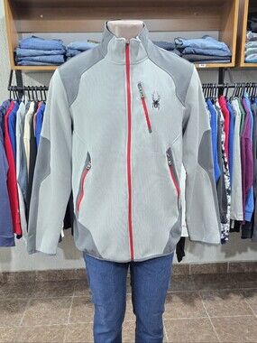Spyder Men's Light Gray Softshell Jacket with Red Zippers